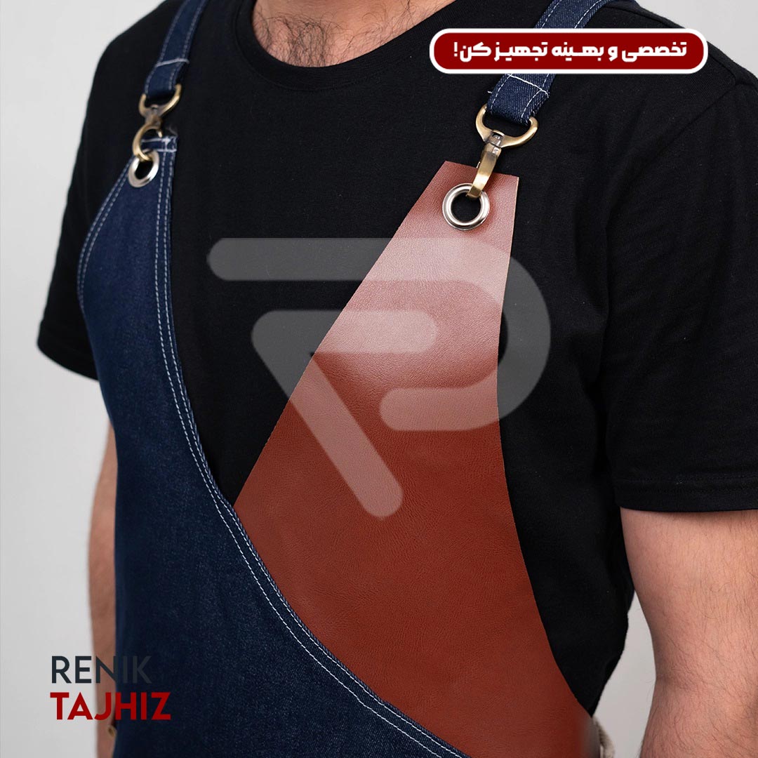 Honey-leather-apron-with-collar-7-11.jpg اپرون باریستا جین سورمه ای و چرم عسلی یقه ۷ - Image 12