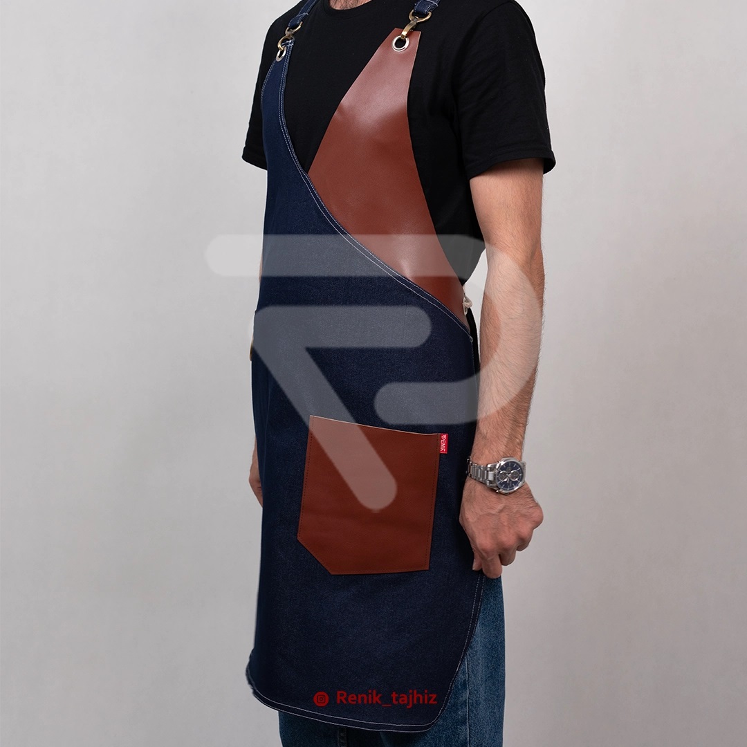 Honey-leather-apron-with-collar-7-12.jpg اپرون باریستا جین سورمه ای و چرم عسلی یقه ۷ - Image 2