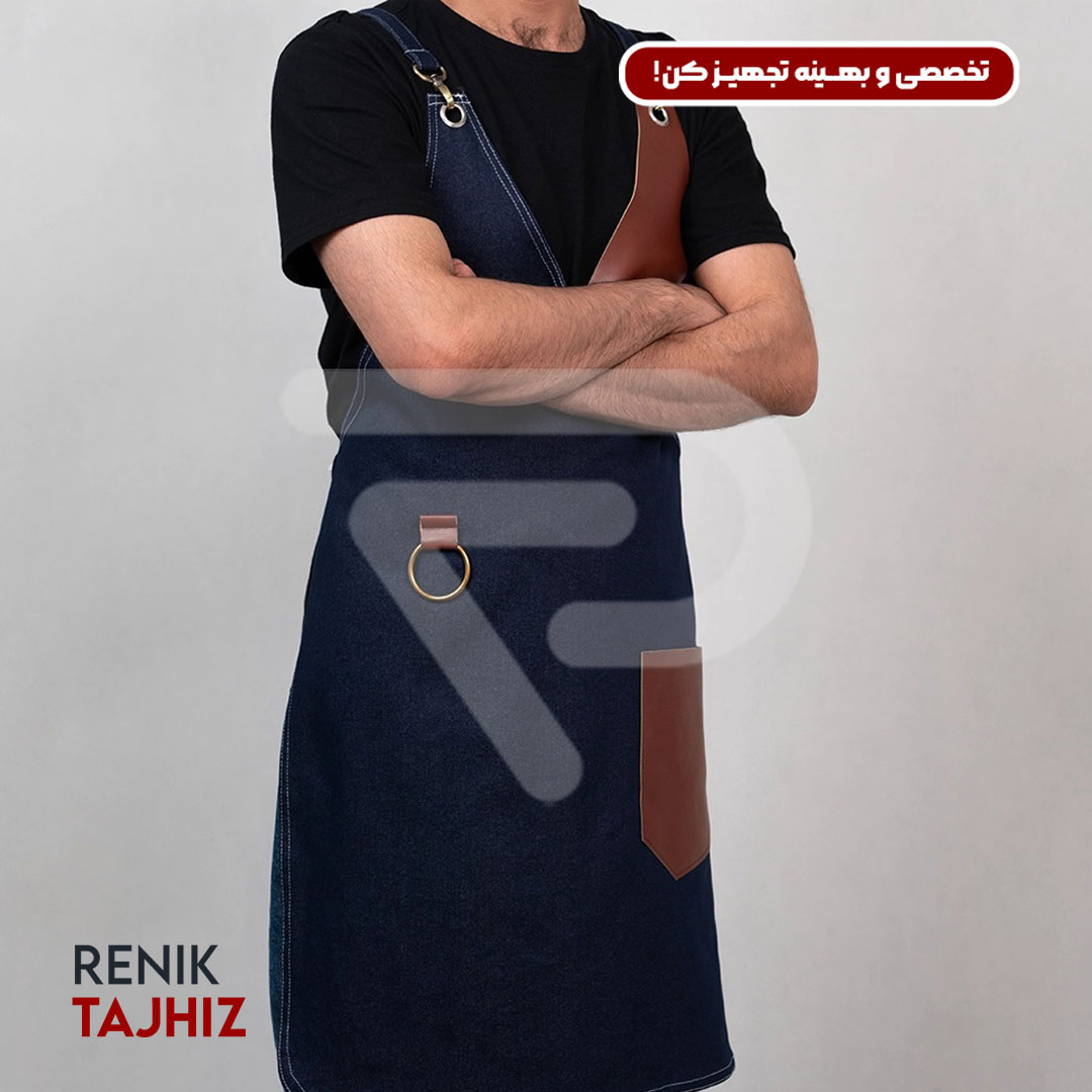 Honey-leather-apron-with-collar-7-3.jpg اپرون باریستا جین سورمه ای و چرم عسلی یقه ۷ - Image 6