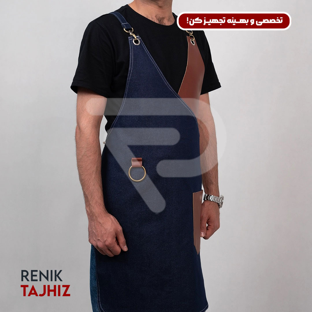 Honey-leather-apron-with-collar-7-4.jpg اپرون باریستا جین سورمه ای و چرم عسلی یقه ۷ - Image 7