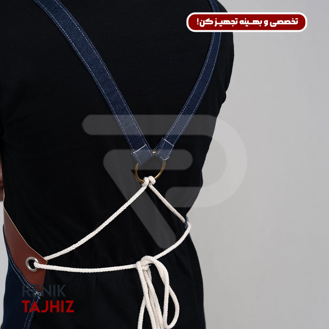 Honey-leather-apron-with-collar-7.jpg اپرون باریستا جین سورمه ای و چرم عسلی یقه ۷ - Image 3