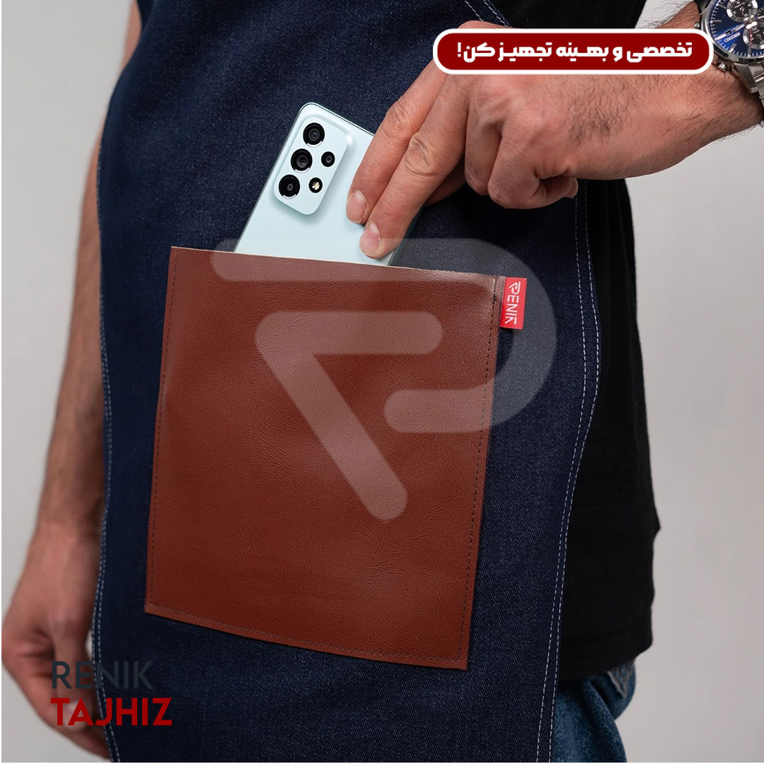 Patterned-apron1.jpg اپرون باریستا جین سورمه ای و چرم عسلی طرح دار - Image 2
