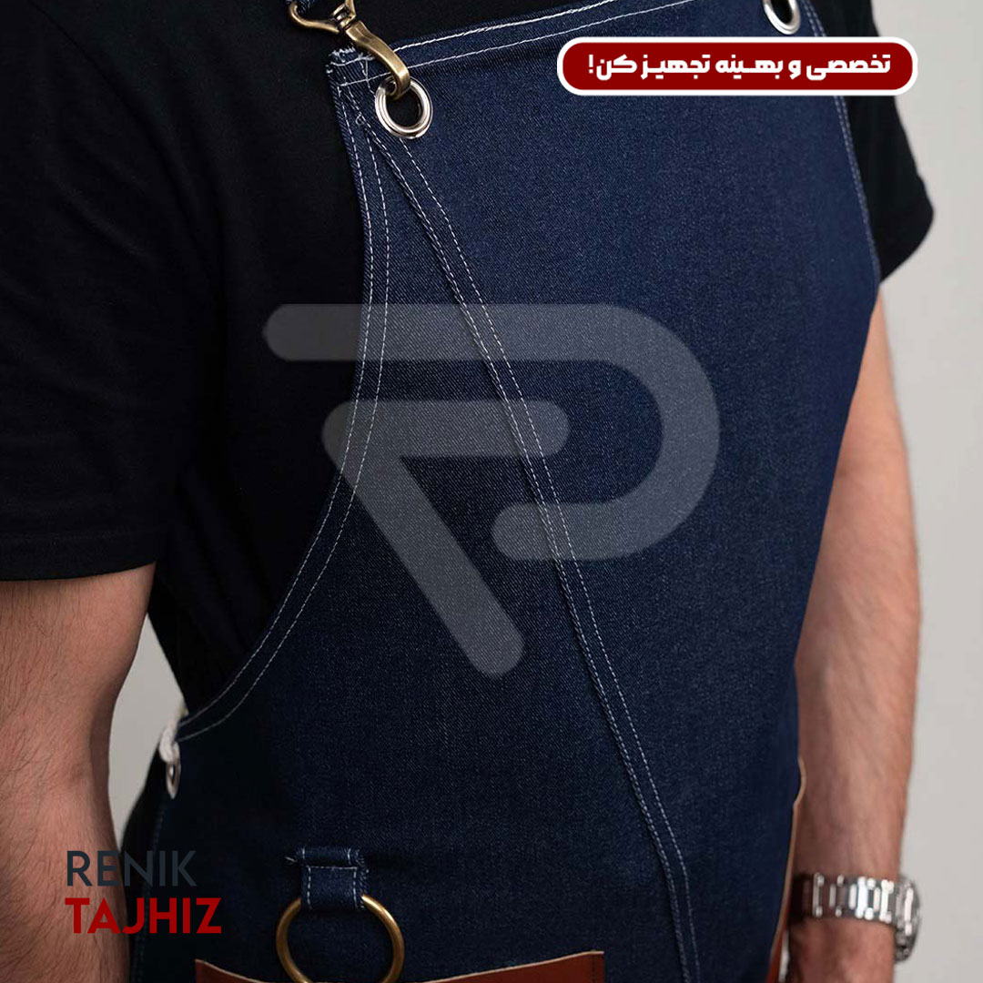 Patterned-apron4.jpg اپرون باریستا جین سورمه ای و چرم عسلی طرح دار - Image 5