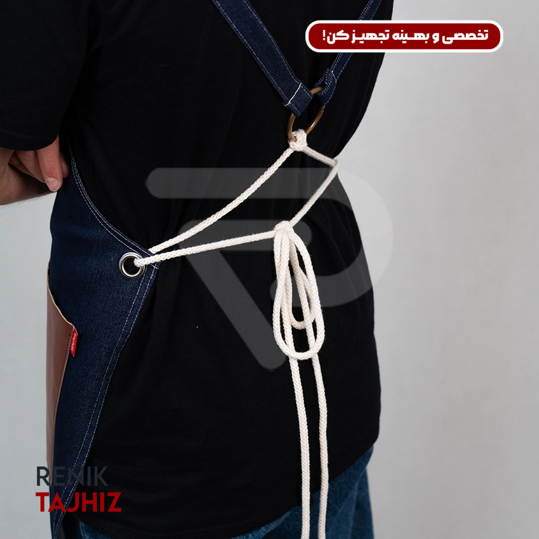 Patterned-apron8.jpg اپرون باریستا جین سورمه ای و چرم عسلی طرح دار - Image 9