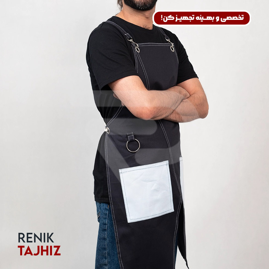 V-neck-navy-apron1.jpg اپرون باریستا کتان سورمه ای یقه V - Image 3