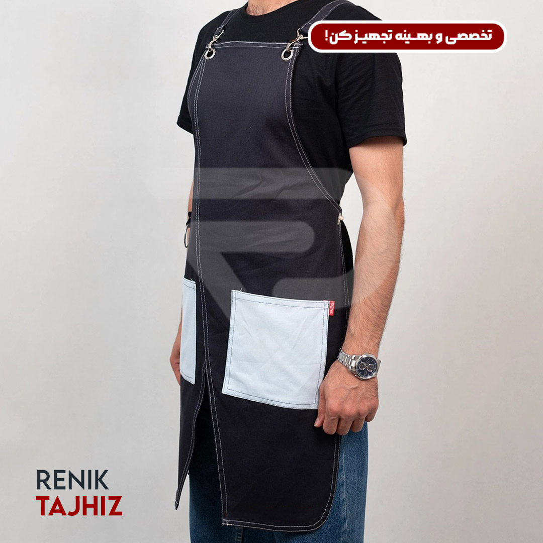 V-neck-navy-apron2.jpg اپرون باریستا کتان سورمه ای یقه V - Image 4
