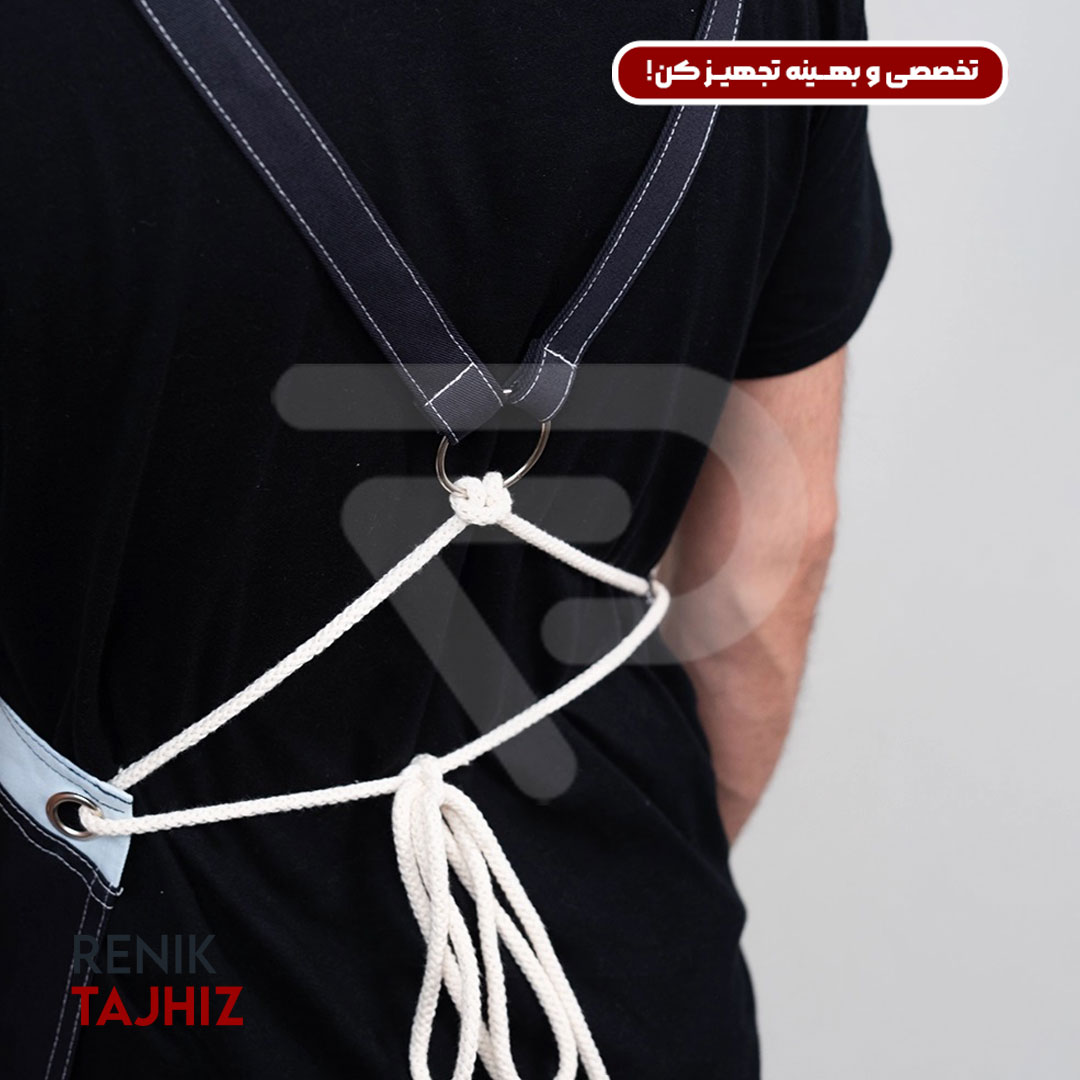 V-neck-navy-apron3.jpg اپرون باریستا کتان سورمه ای یقه V - Image 5