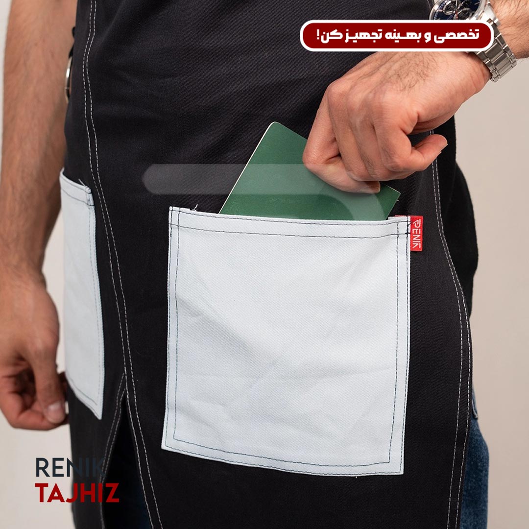 V-neck-navy-apron5.jpg اپرون باریستا کتان سورمه ای یقه V - Image 7