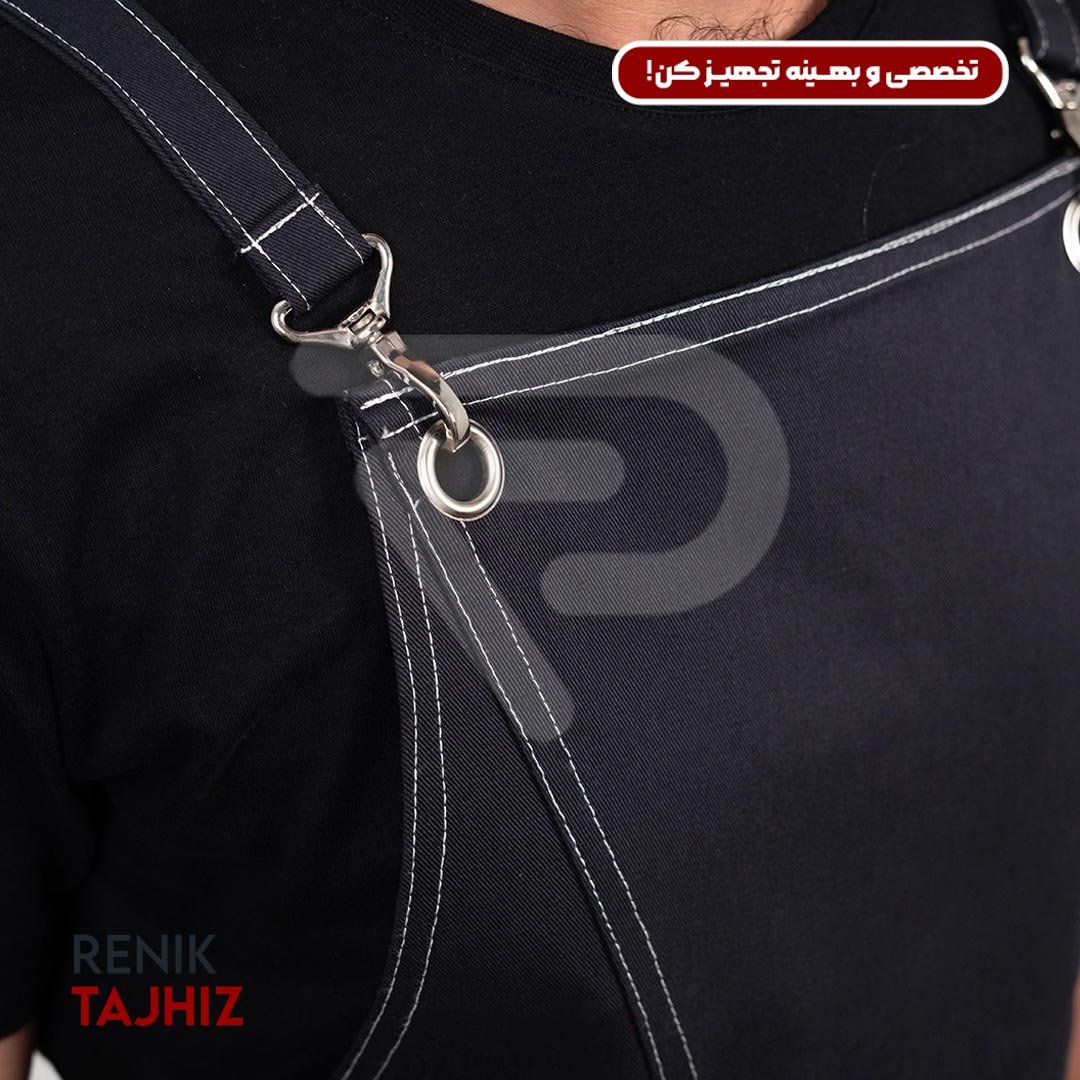 V-neck-navy-apron6.jpg اپرون باریستا کتان سورمه ای یقه V - Image 8