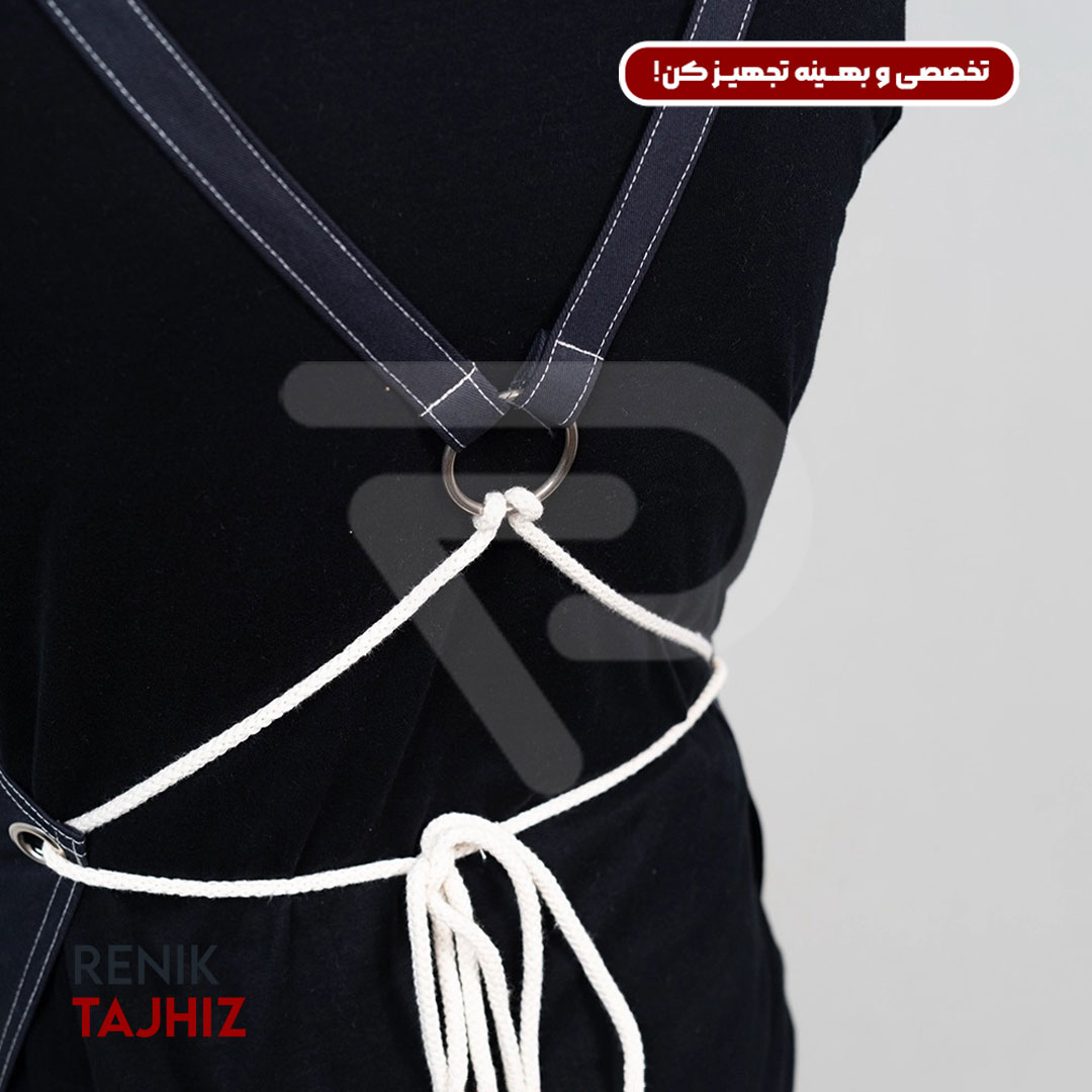 V-neck-navy-apron7.jpg اپرون باریستا کتان سورمه ای یقه V - Image 9