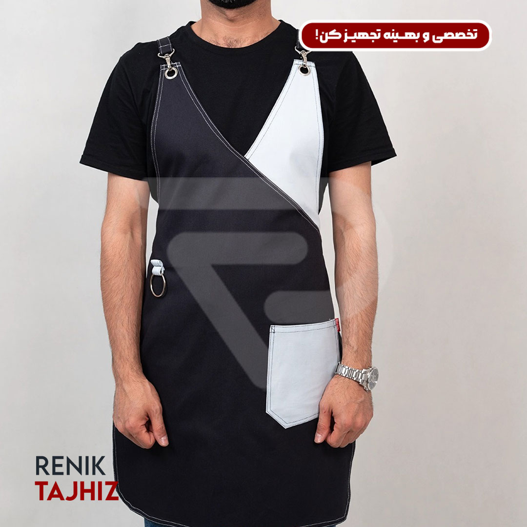 V-neck-navy-apron8.jpg اپرون باریستا کتان سورمه ای یقه V - Image 1